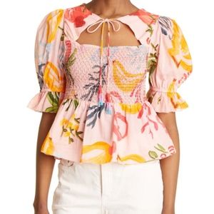 FARM RIO Women’s Mixed Fruit Smocked Bodice Top Pink Multi Size XS NWT